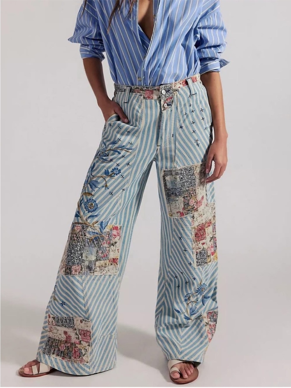 NWT Free People Runyon Patched Pant Blue Stripes Size:8